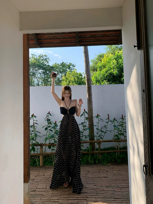 Lienni Summer Blossom 2026 New Style Elegant Loose Fit Slimming French Polka Dot Long Hollowed-Out Halter Neck Dress for Women