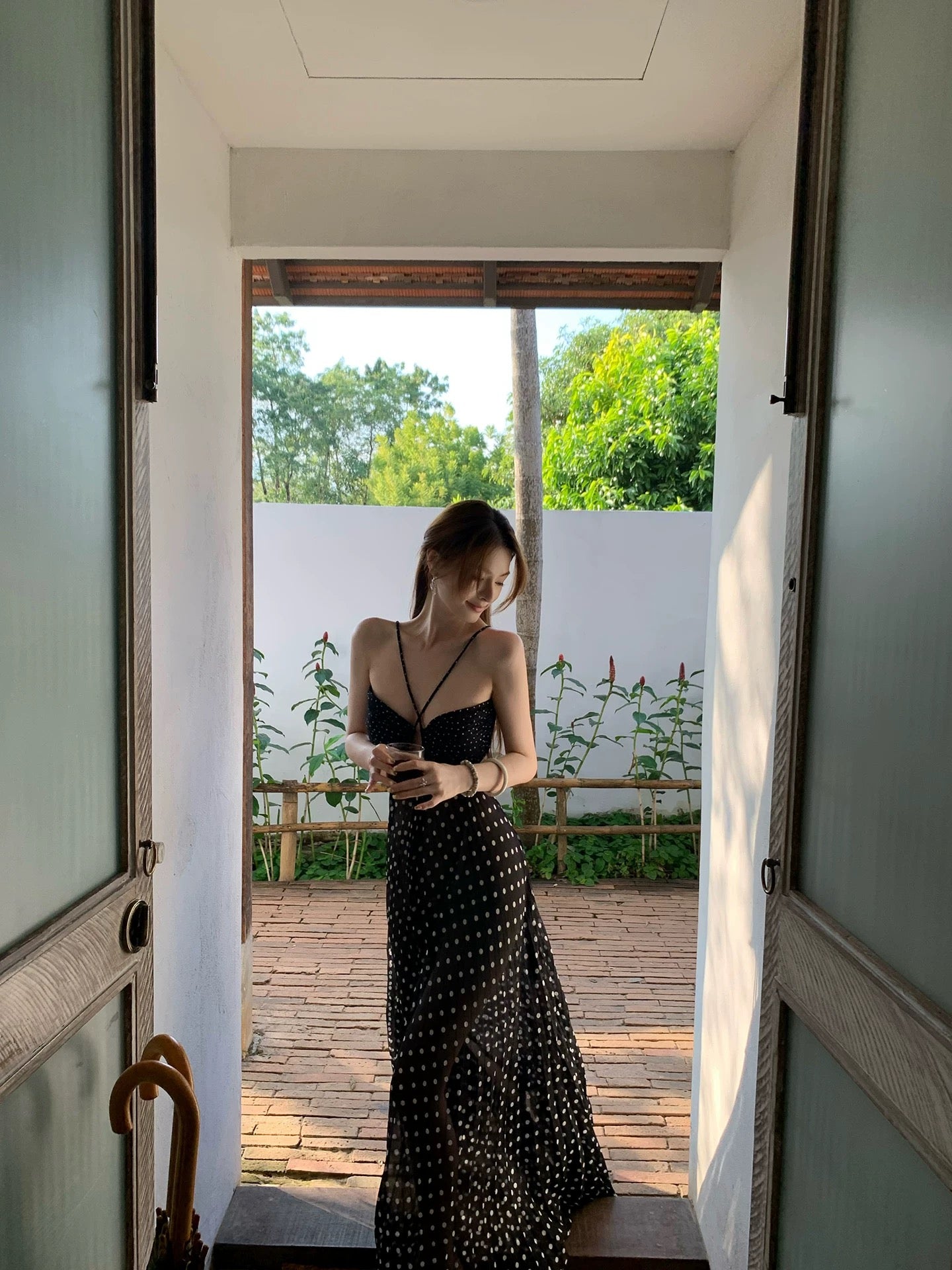 Lienni Summer Blossom 2026 New Style Elegant Loose Fit Slimming French Polka Dot Long Hollowed-Out Halter Neck Dress for Women