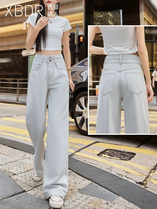 2025 summer new light grey jeans for women high waist straight wide leg slim drape fashionable mopping pants