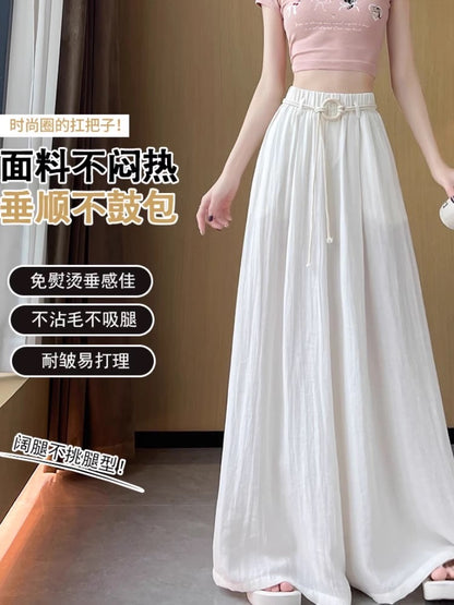 Linen ice silk Yamamoto skirt pants women's summer thin elastic waist slim drape large swing fluttering casual wide leg pants