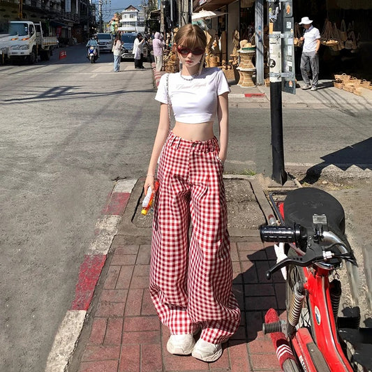Red plaid hot girl wide leg pants women's spring and summer new high waist loose versatile contrast color straight casual mopping trousers