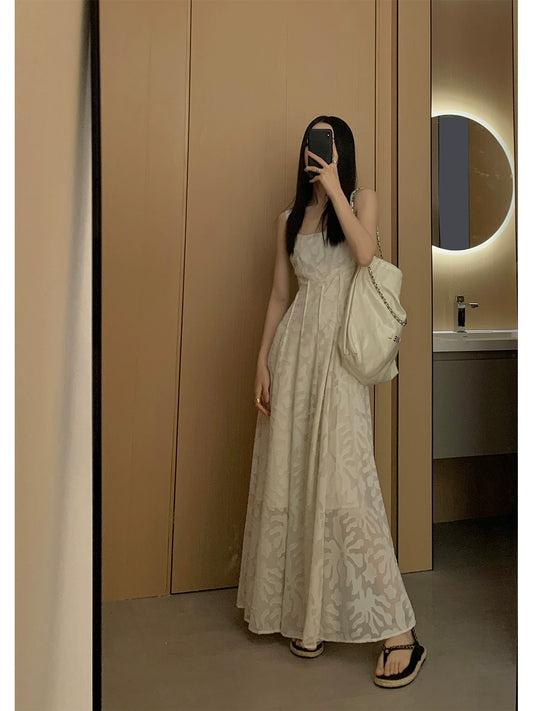 PAPERLLL French high-end hollow sleeveless dress women's large skirt skirt white gentle style long skirt summer