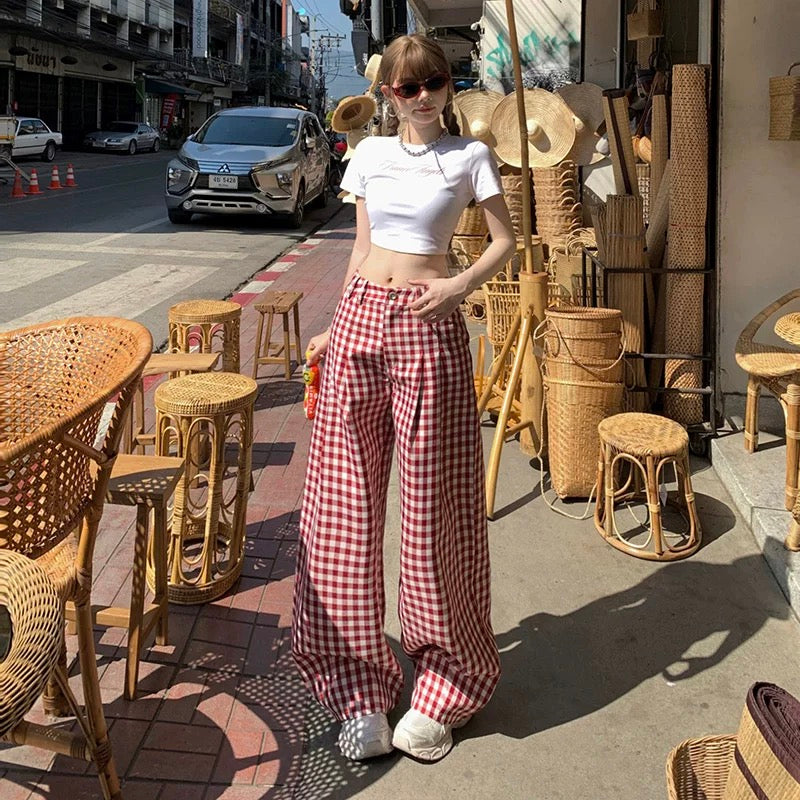 Red plaid hot girl wide leg pants women's spring and summer new high waist loose versatile contrast color straight casual mopping trousers