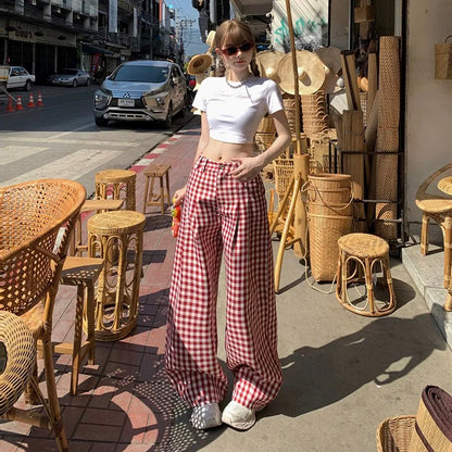 Red plaid hot girl wide leg pants women's spring and summer new high waist loose versatile contrast color straight casual mopping trousers