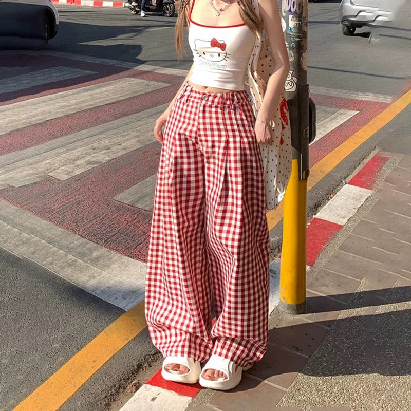 Red plaid hot girl wide leg pants women's spring and summer new high waist loose versatile contrast color straight casual mopping trousers