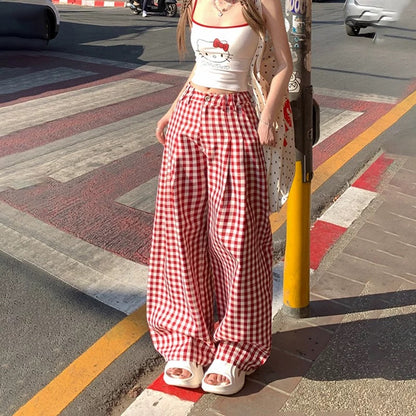 Red plaid hot girl wide leg pants women's spring and summer new high waist loose versatile contrast color straight casual mopping trousers