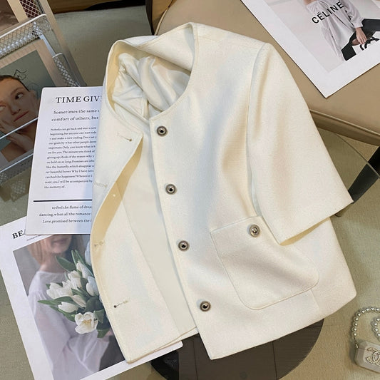 White small fragrant style suit jacket for women 2024 summer new Korean version high-end all-match temperament short-sleeved top for ladies
