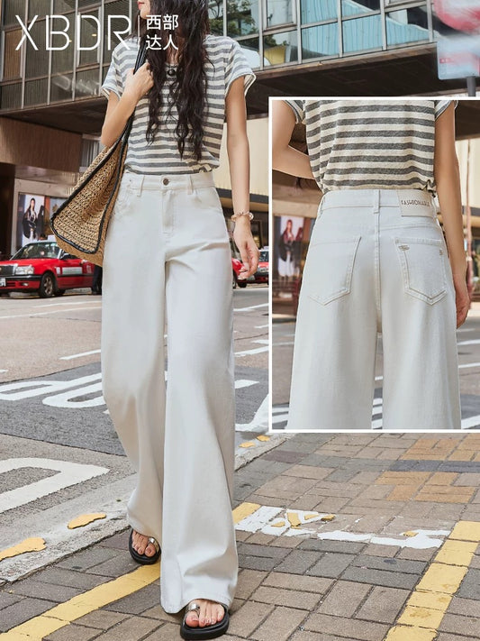 2025 summer new designer style off-white high waist straight wide leg jeans women's drape slim trousers