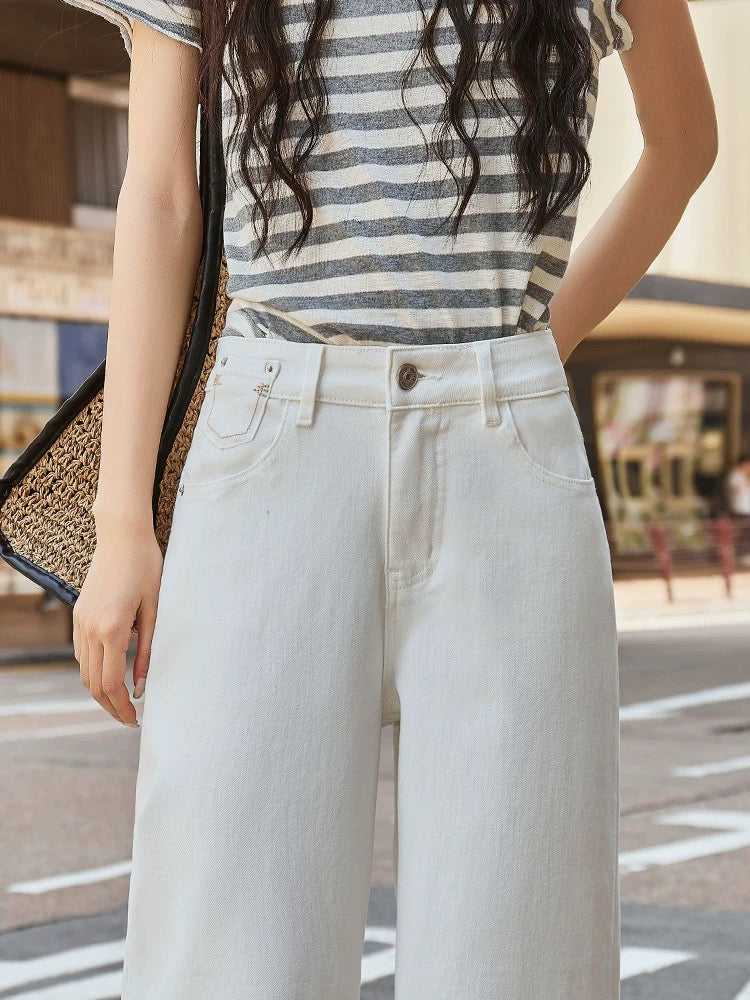 2025 summer new designer style off-white high waist straight wide leg jeans women's drape slim trousers