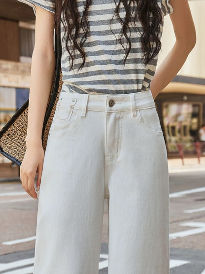 2025 summer new designer style off-white high waist straight wide leg jeans women's drape slim trousers