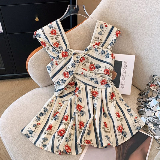 French V-neck twisted floral suspenders chiffon shirt for women summer design sleeveless vest babydoll shirt chic top