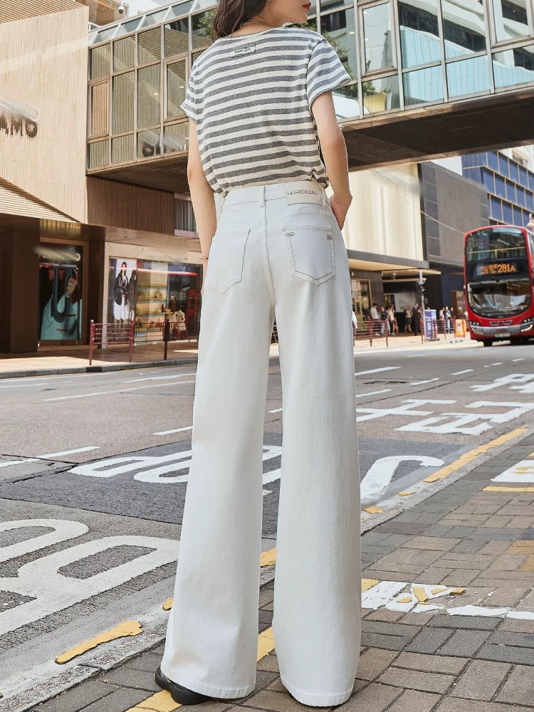 2025 summer new designer style off-white high waist straight wide leg jeans women's drape slim trousers