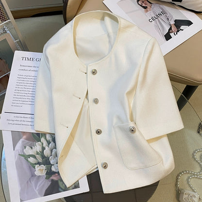 White small fragrant style suit jacket for women 2024 summer new Korean version high-end all-match temperament short-sleeved top for ladies