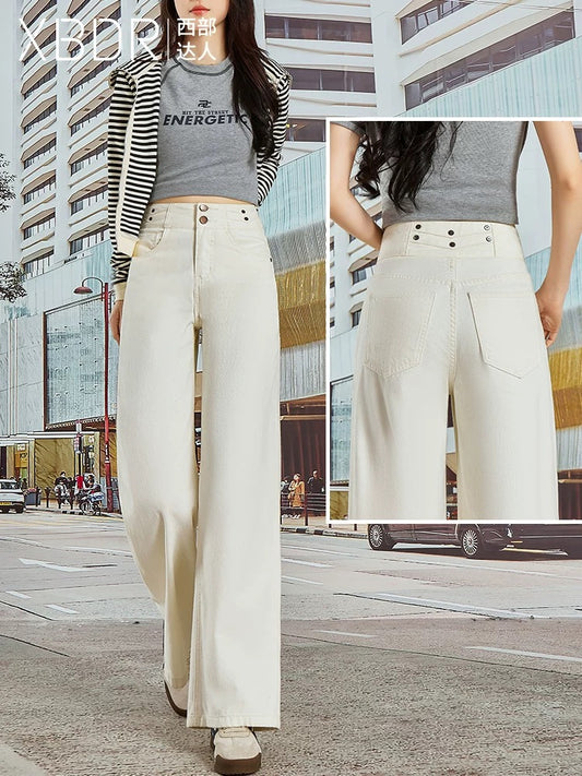 2025 summer new style off-white three-proof fabric high waist straight jeans women's loose versatile double button wide leg pants