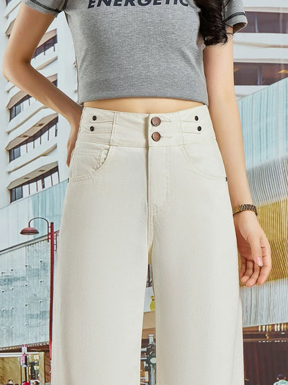 2025 summer new style off-white three-proof fabric high waist straight jeans women's loose versatile double button wide leg pants