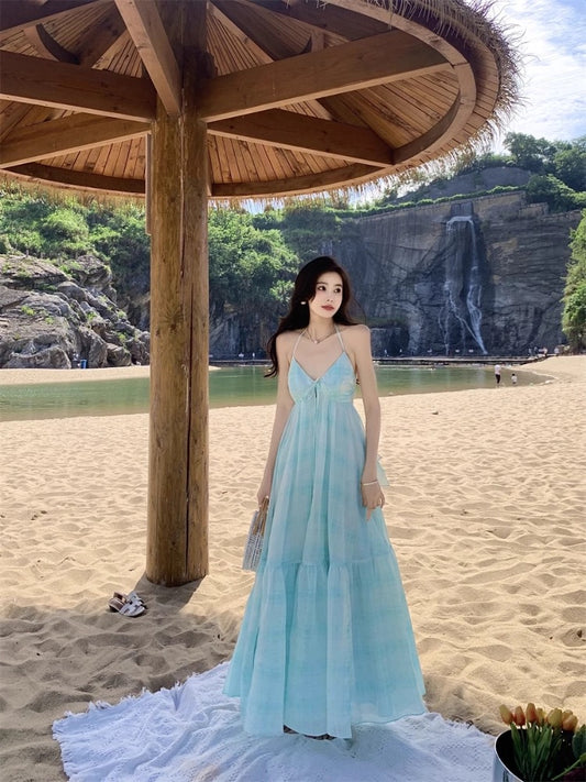 French style super hot halter neck suspender dress fairy summer super fairy seaside holiday style Sanya beach long skirt