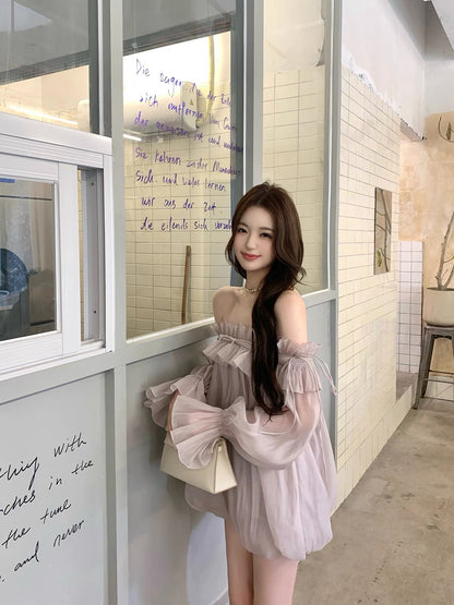 Hotdog is hot! [Smoky Purple] Sweet and gentle off-shoulder long-sleeved dress/skirt