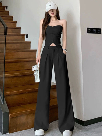 A complete set of new Chinese-style buckle irregular tube top and drapey wide-leg pants two-piece suit for summer wear for women