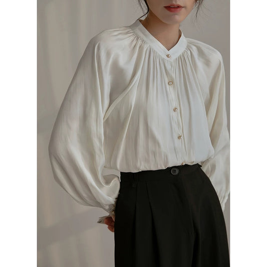 Acetate satin shirt female design niche long sleeve temperament stand collar French retro lantern sleeve professional top autumn