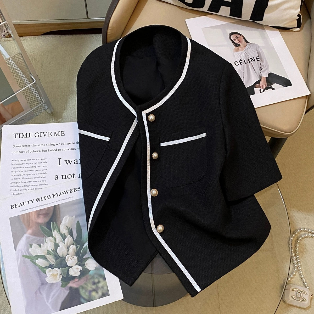 Black small fragrant style suit jacket for women 2024 summer new style French light luxury simple ladylike temperament versatile top
