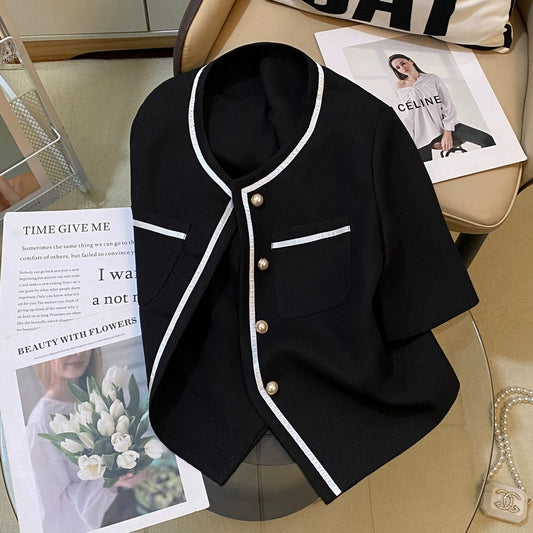 Black small fragrant style suit jacket for women 2024 summer new style French light luxury simple ladylike temperament versatile top