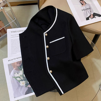 Black small fragrant style suit jacket for women 2024 summer new style French light luxury simple ladylike temperament versatile top