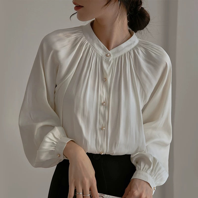 Acetate satin shirt female design niche long sleeve temperament stand collar French retro lantern sleeve professional top autumn