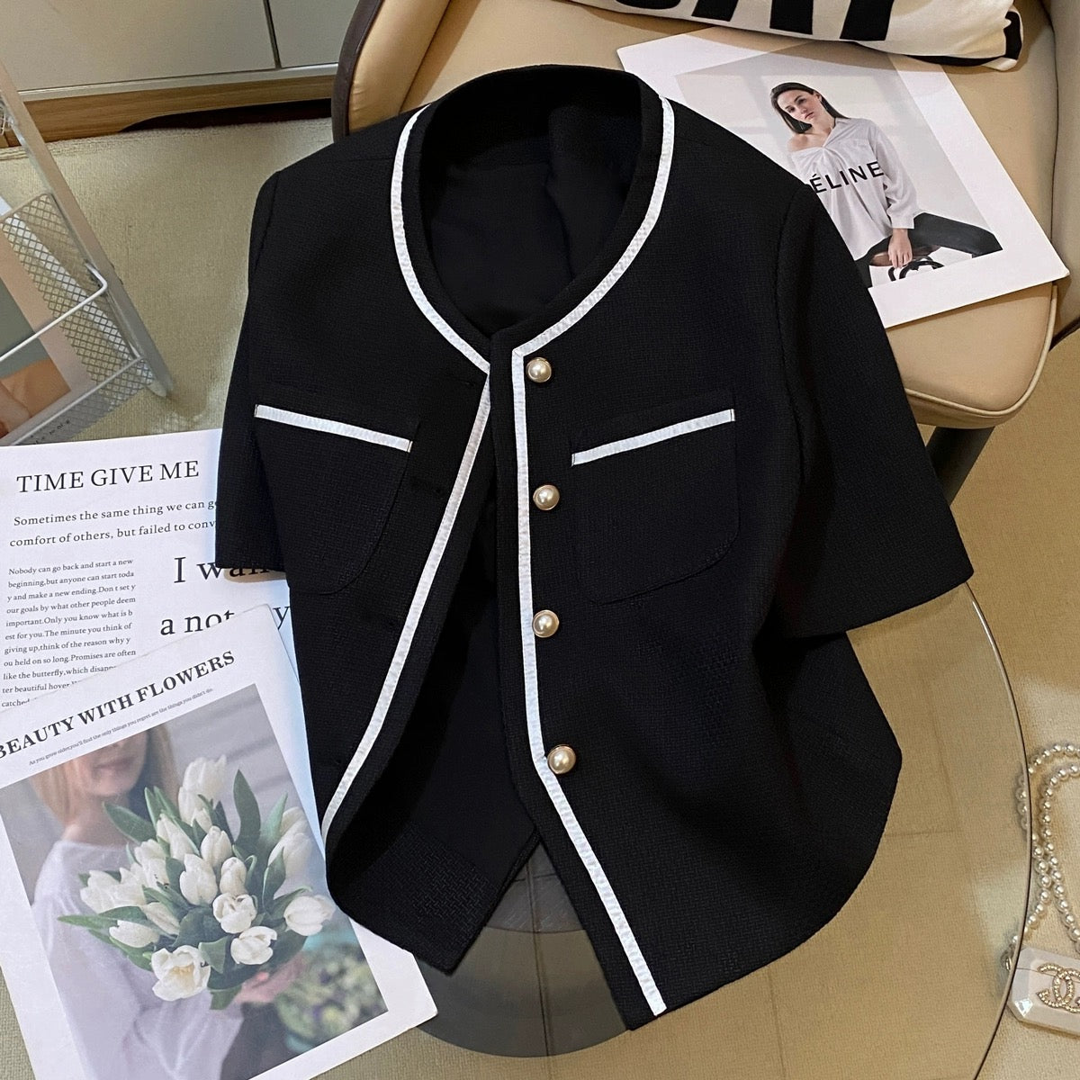 Black small fragrant style suit jacket for women 2024 summer new style French light luxury simple ladylike temperament versatile top