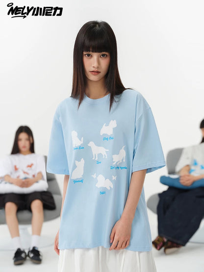 NELY Little Nelly Fashion Brand Summer Funny Cartoon Puppy Short-sleeved T-shirt for Men and Women Loose Lazy Cotton Couple Half-sleeved