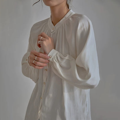Acetate satin shirt female design niche long sleeve temperament stand collar French retro lantern sleeve professional top autumn
