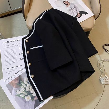 Black small fragrant style suit jacket for women 2024 summer new style French light luxury simple ladylike temperament versatile top