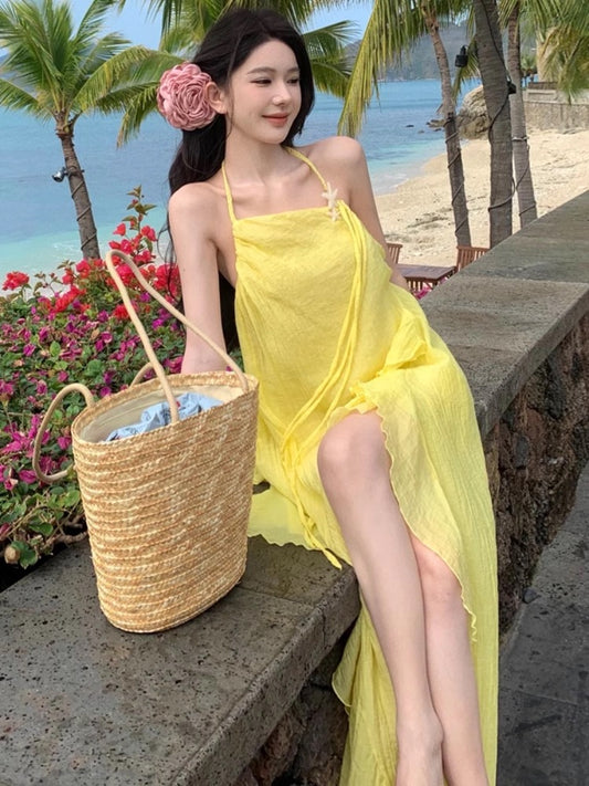 Yellow seaside holiday ruffled halter neck dress female summer dopamine irregular backless slit suspender long dress