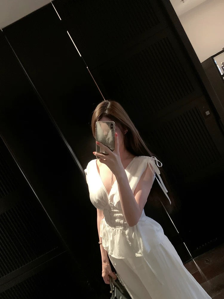 Chill Qiao'er [White-Clad Minister] White Tie-Up Shirt for Women, Slim Fit, Lace, Pure and Sexy Top