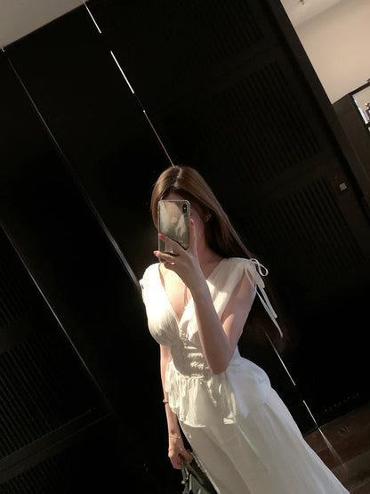 Chill Qiao'er [White-Clad Minister] White Tie-Up Shirt for Women, Slim Fit, Lace, Pure and Sexy Top