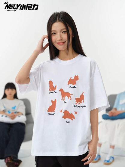 NELY Little Nelly Fashion Brand Summer Funny Cartoon Puppy Short-sleeved T-shirt for Men and Women Loose Lazy Cotton Couple Half-sleeved