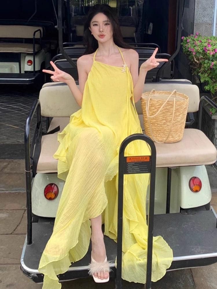 Yellow seaside holiday ruffled halter neck dress female summer dopamine irregular backless slit suspender long dress