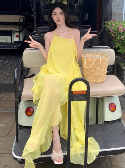 Yellow seaside holiday ruffled halter neck dress female summer dopamine irregular backless slit suspender long dress