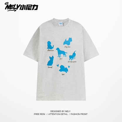 NELY Little Nelly Fashion Brand Summer Funny Cartoon Puppy Short-sleeved T-shirt for Men and Women Loose Lazy Cotton Couple Half-sleeved