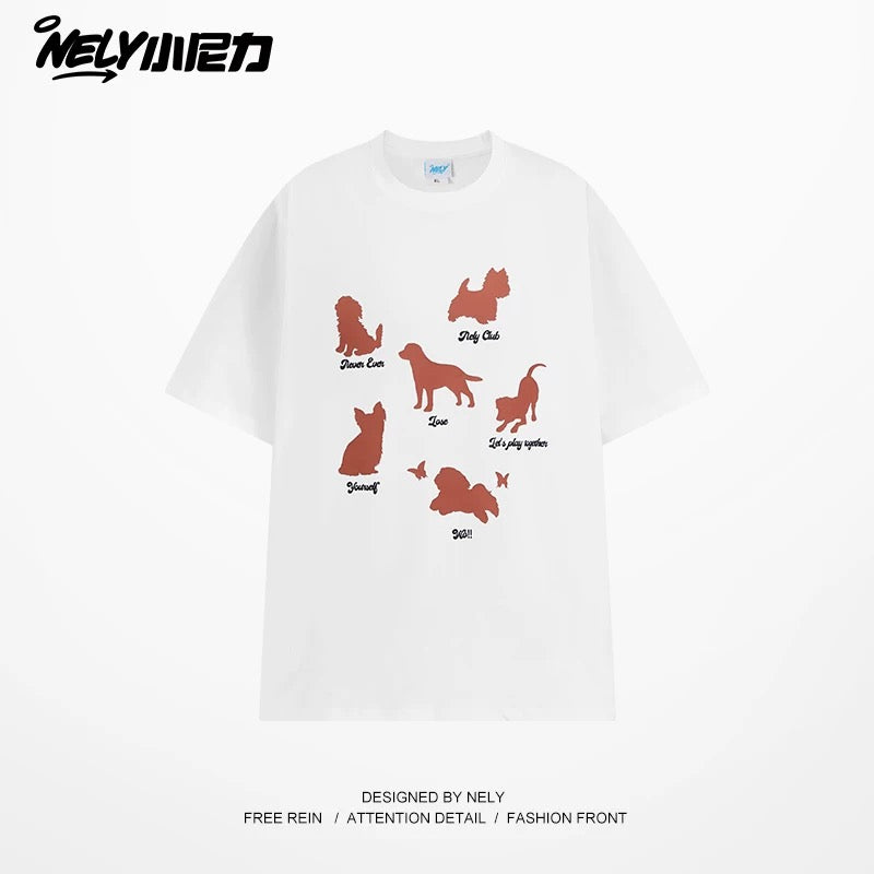 NELY Little Nelly Fashion Brand Summer Funny Cartoon Puppy Short-sleeved T-shirt for Men and Women Loose Lazy Cotton Couple Half-sleeved