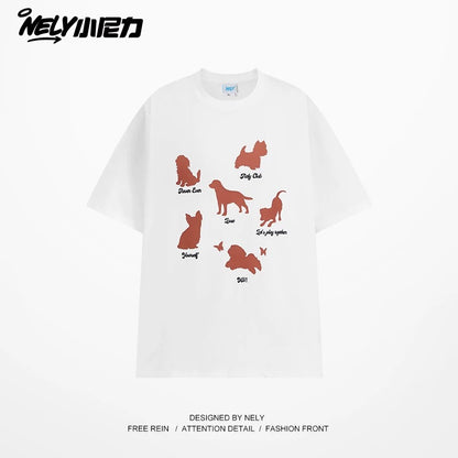 NELY Little Nelly Fashion Brand Summer Funny Cartoon Puppy Short-sleeved T-shirt for Men and Women Loose Lazy Cotton Couple Half-sleeved