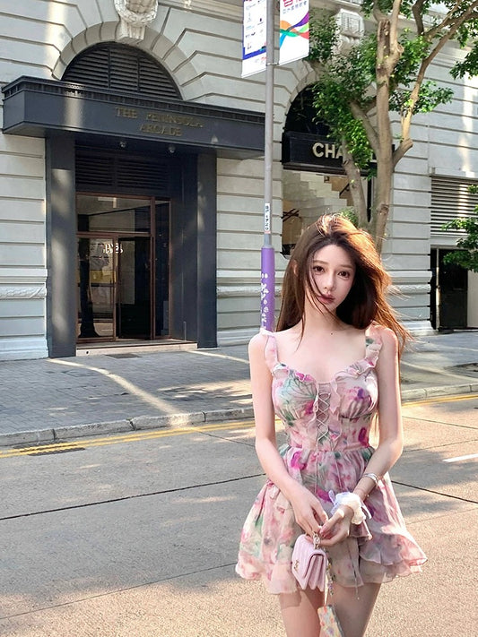 Chill's Floral Print Sundress with Ruffled Hem, V-Neck, Slim Waist, Short Skirt