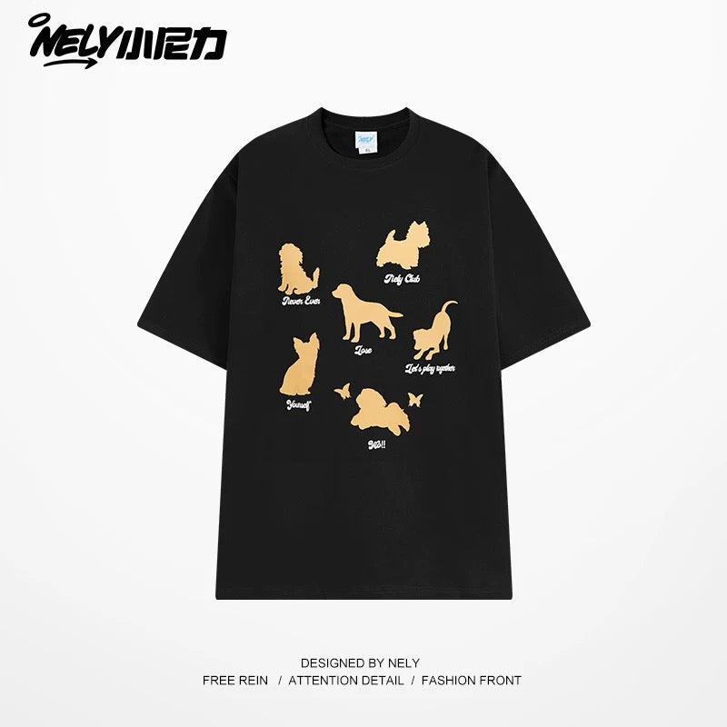 NELY Little Nelly Fashion Brand Summer Funny Cartoon Puppy Short-sleeved T-shirt for Men and Women Loose Lazy Cotton Couple Half-sleeved