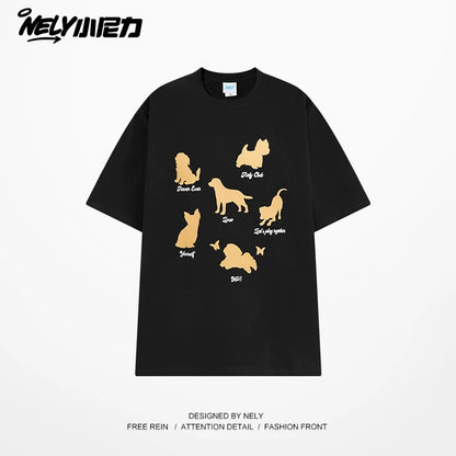 NELY Little Nelly Fashion Brand Summer Funny Cartoon Puppy Short-sleeved T-shirt for Men and Women Loose Lazy Cotton Couple Half-sleeved