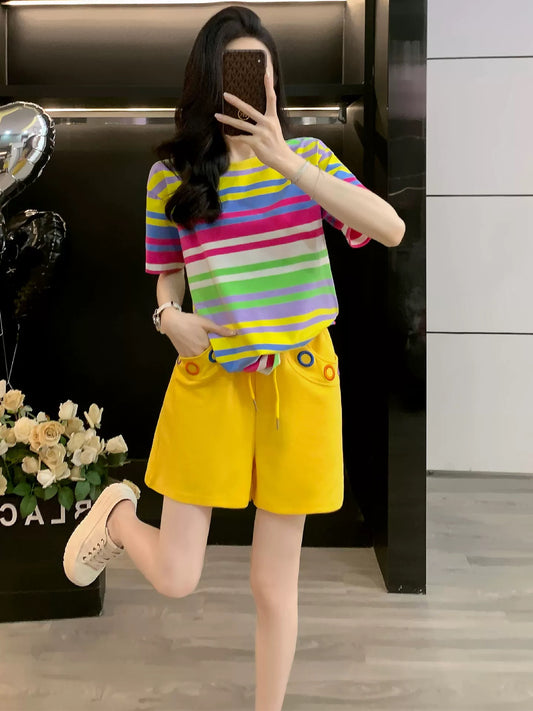 Student trend striped short-sleeved suit women's summer 2025 casual sports shorts two-piece suit fashionable loose and slim