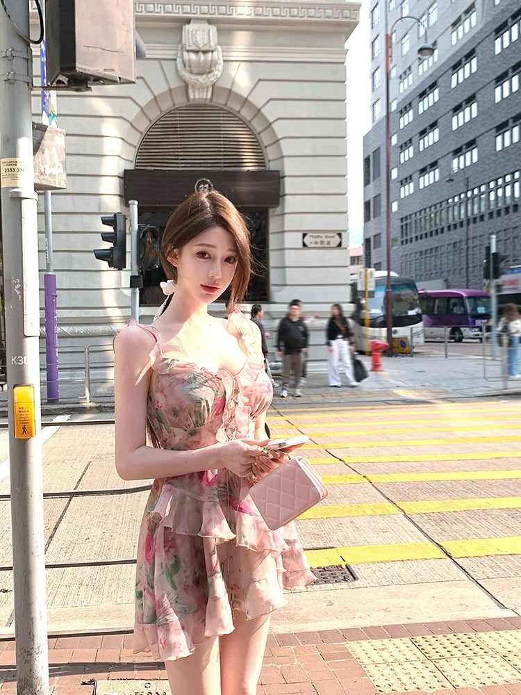 Chill's Floral Print Sundress with Ruffled Hem, V-Neck, Slim Waist, Short Skirt
