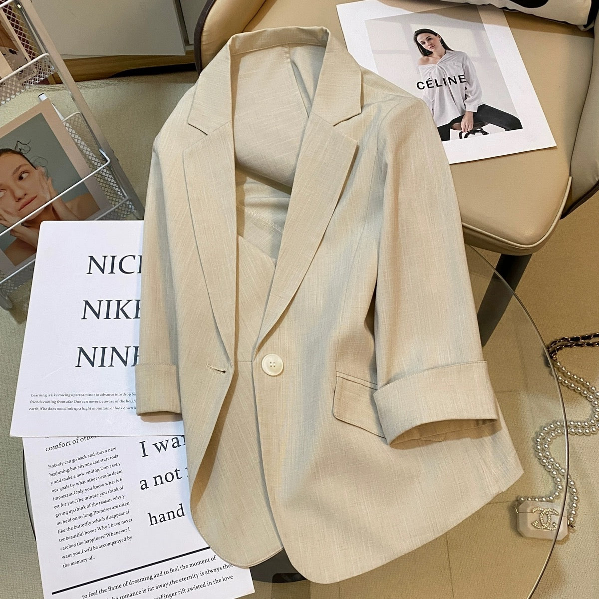 Beige short blazer for women 2024 summer new thin style fashionable comfortable trend versatile small suit
