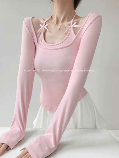 Sweet Desire Lace-up Halter Fake Two-piece Long Sleeve T-Shirt Women's Autumn Pure Desire Bow Arc Hem Short Top
