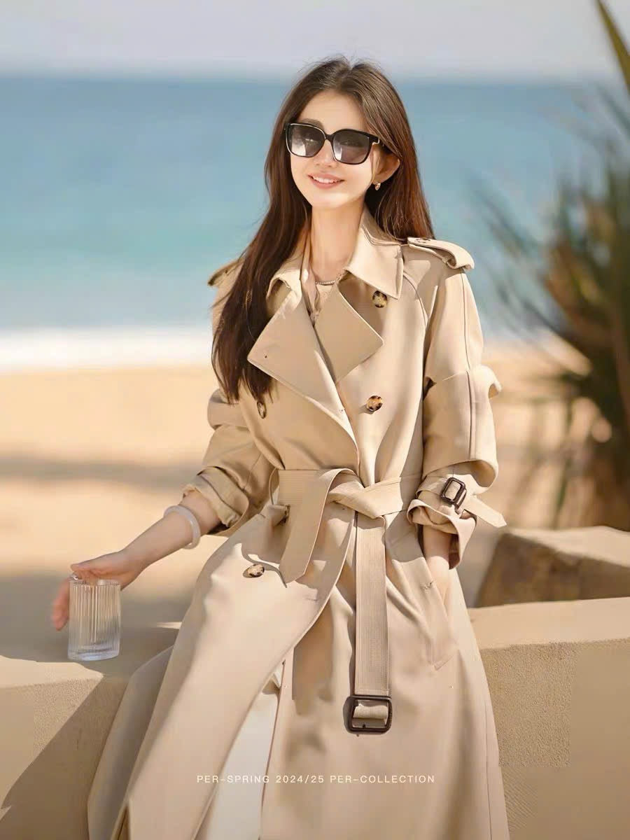 High-end khaki windbreaker jacket for women 2024 new spring and autumn medium and long style small British style Korean style popular