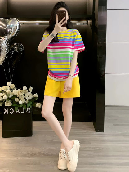 Student trend striped short-sleeved suit women's summer 2025 casual sports shorts two-piece suit fashionable loose and slim
