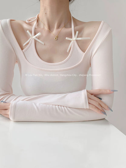 Sweet Desire Lace-up Halter Fake Two-piece Long Sleeve T-Shirt Women's Autumn Pure Desire Bow Arc Hem Short Top